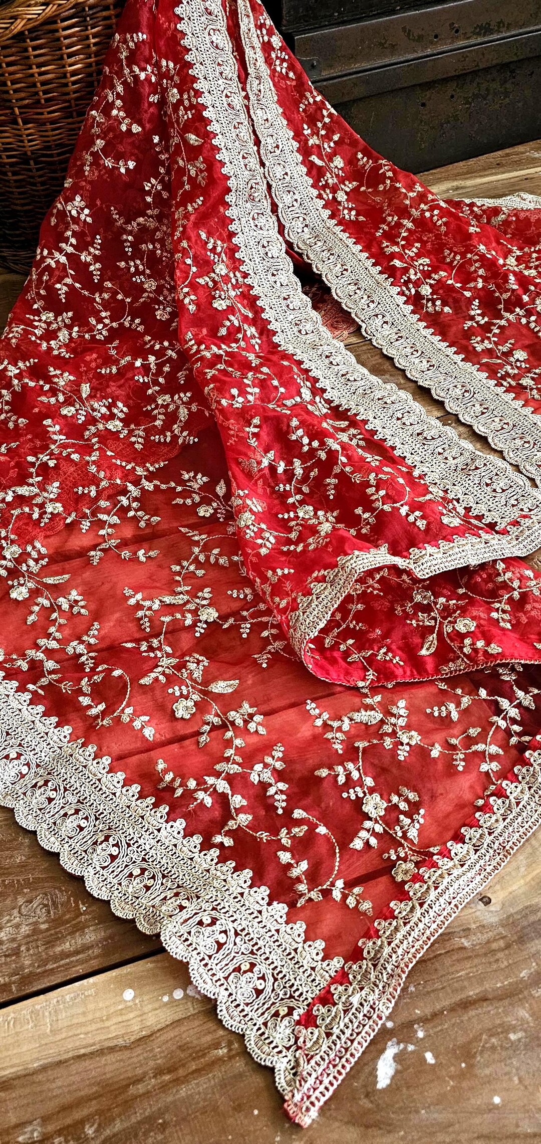 Statement Red Organza Dupatta Wrap Gold Zari, Embroidery, and Sequins ...