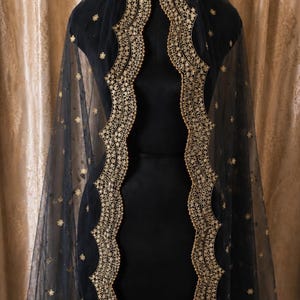 Black soft Net Dupatta wrap Gold Zari, Embroidery, and Sequins | Elegant Wedding Bridal Scarf for Lehangas, Suits & Anarkali