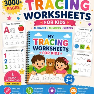 May include: A spiral-bound tracing workbook for kids, featuring the text "Tracing Worksheets for Kids." The cover shows children tracing letters, numbers, and shapes. The workbook includes alphabet, numbers, and shapes practice for ages 3-6.