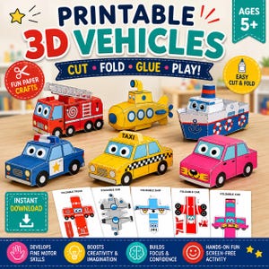 Pode incluir: Um conjunto de veículos de papel 3D imprimíveis, incluindo um caminhão de bombeiros vermelho, submarino amarelo, navio azul e branco, carro de polícia azul, táxi amarelo e carro rosa, exibidos com seus modelos de papel dobráveis planos.