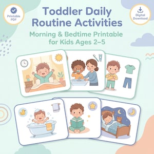 Puede incluir: Una descarga digital de un PDF imprimible titulado "Actividades diarias de rutina para niños pequeños". Las tarjetas ilustran las rutinas de la mañana y la hora de acostarse para niños de 2 a 5 años. Las imágenes representan diversas actividades.