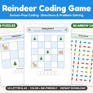 May include: Reindeer Coding Game educational activity set featuring 6 puzzles and 80 arrow cards. The printable sheets include grid-based coding paths with reindeer, sleigh, and tree icons, plus colorful directional arrow cards for problem solving.