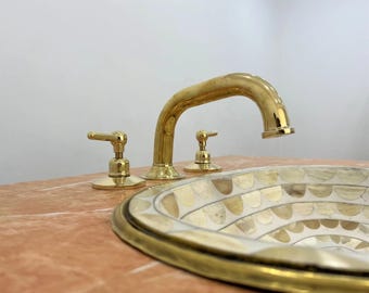 Grifo de lavabo de latón sin lacar – Grifo de baño de 3 orificios, accesorio de lujo vintage