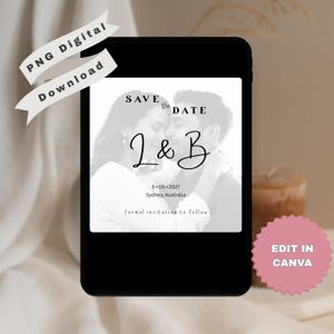 Canvaで編集可能なロマンチックな写真オーバーレイテンプレート「Save The Date」、モダンなスクリプトイニシャル入りモノグラムウェディングアナウンスメントデジタルカード（PNG）