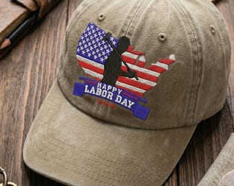 Broderad Labor Day-hatt, arbetarkeps med amerikansk flagga, patriotisk USA-keps, byggnadsarbetarpresent, pappahatt med glad Labor Day-motiv, blåkragepresent
