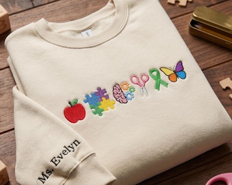 Kundenspezifisches Neurovielfalts-Lehrer-Sweatshirt, SPED Lehrer Geschenk, personalisierter Autismus Bewusstseins-Crewneck, spezielle Bildung bestickter Pullover