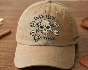 Personalisierter Werkstatt-Hut, Mechaniker-Hut, Schädel-Schraubenschlüssel bestickter Hut, Geschenk für Papa Mann, Vintage Biker-Hut, est Jahr