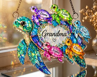 Personlig sköldpaddssolfångare för mormor, anpassad namnfönsterhängande glasdekoration, mors dag-present till mamma och barnbarn