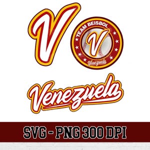 Op de afbeelding: Een grafisch ontwerp met het woord "Venezuela" in een scriptlettertype, samen met twee honkbalthema-logo's. Eén logo is een grote letter "V", en de andere is een honkbal met een "V" in een cirkel. De tekst "SVG - PNG 300 DPI" staat onderaan.