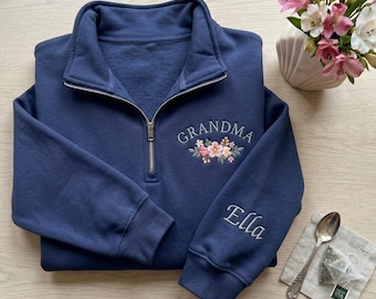 Personlig broderad mormorströja, personlig blommig mormorströja, mormors halv dragkedja med barnbarnsnamn, blommig mormorspresent