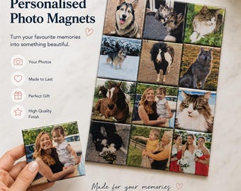 May include: A collection of square photo magnets featuring various printed images of pets, people, and landscapes. The magnets are arranged in a grid, with one individual magnet held separately, displaying text that reads Personalised Photo Magnets.