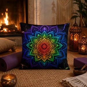 May include: Square throw pillow with a vibrant, rainbow-colored mandala design on a black background. The mandala features concentric circles of red, orange, yellow, green, blue, and purple. The pillow is likely for home decor.