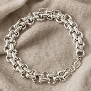 Könnte beinhalten: Eine silberfarbene Kettenhalskette mit einem zweireihigen Rolo-Glieder-Design und polierten zylindrischen Segmenten. Die Halskette verfügt über einen runden Metallanhänger in der Nähe des Karabinerverschlusses, der die beiden parallelen Ketten verbindet.