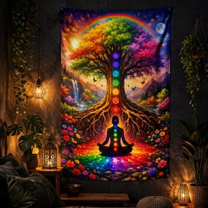 Könnte beinhalten: Ein lebendiges Wandtuch mit einem farbenfrohen Baum mit Regenbogenlaub, einem Wasserfall und einem Regenbogen am Himmel. Eine Silhouette meditiert unter dem Baum, mit Chakra-Symbolen ausgerichtet. Das Kunstwerk ist reich an Farben und Details, ideal für Meditations- oder Yoga-Räume.