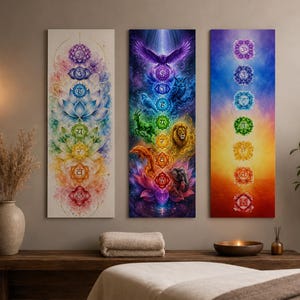 May include: Three vertical rectangular wall art panels featuring seven stacked chakra symbols. The left panel displays symbols over lotus flowers, the center panel incorporates animal figures, and the right panel shows symbols over a gradient background.