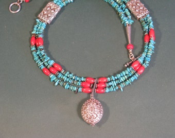 3 strand Turquoise and Bali Silver necklace