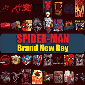 May include: A collection of Spider-Man Brand New Day graphic illustrations featuring various poses of the character, web patterns, and cityscapes. The text Spider-Man Brand New Day appears in large red and yellow letters on a blue background.