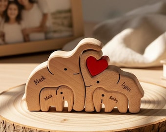 Gepersonaliseerde olifant familiepuzzel, aangepaste houten dierenfiguurtjes met namen, Moederdagcadeau voor moeder, babyaandenken, familiedecorcadeau