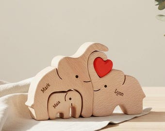 パーソナライズされた象の家族パズル、名前入りのカスタム木製動物フィギュア、母の日の贈り物、赤ちゃんの記念品、家族の装飾ギフト