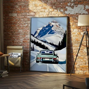 Vintage Mountain Road Wall Art, Classic Car Winter Landscape Print, Alpine Travel Illustration, Minimal Retro Nature Decor