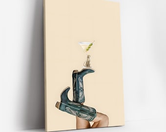 Cowboylaarzen martini muurkunst print, surrealistische westerse modekunst, martiniglas poster, grillig modern decor