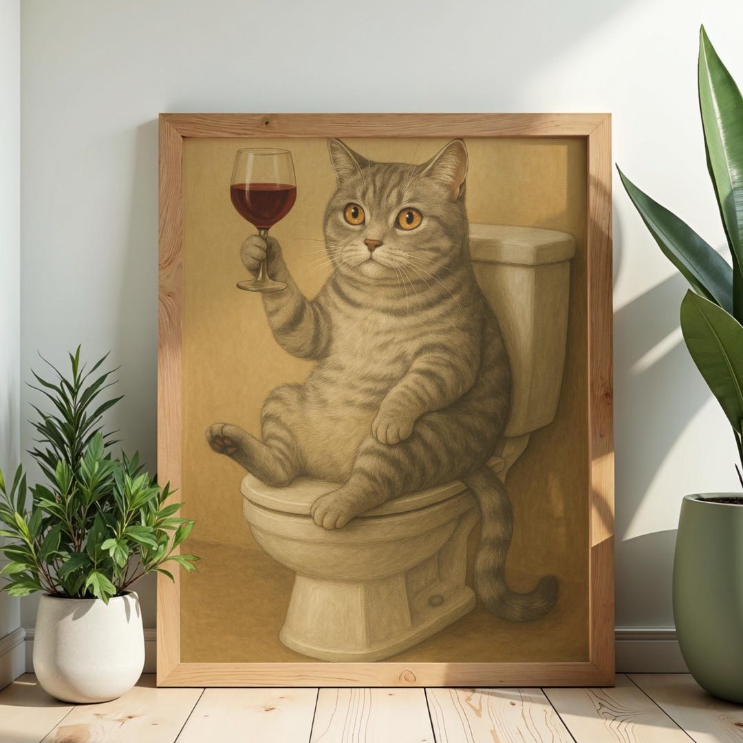 Funny Cat Bathroom Art Print Grey Tabby Cat Wall Decor Wine Cat Poster ...