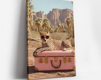 Leopard Wall Art Print with Sunglasses, Surreal Travel Art, Chic Cheetah Poster, Whimsical Desert Aesthetic Decor