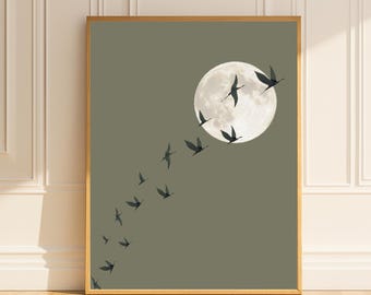 Sage Green Flying Birds Canvas Print, Minimalist Wall Art