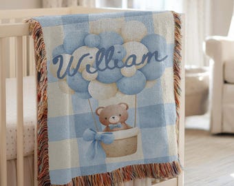 Personalized Woven Teddy Bear Baby Blanket, Newborn Bear Blanket, Boy Birthday Blanket, Birth Name Blanket, Nursery Blanket,Baby Shower Gift