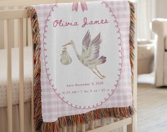 Personalized Birth Stats Woven Blanket, Baby Birth Statistics Gift, Baby Stats Keepsake, Birth Date Blanket, Girl Birth Stats, Gift New Mom