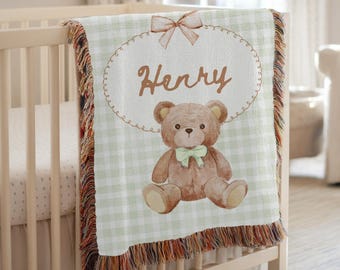 Personalized Woven Teddy Bear Baby Blanket, Newborn Date Blanket, Boy Birthday Blanket, Birth Name Blanket, Nursery Blanket,Baby Shower Gift