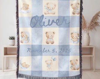 Personalized Woven Teddy Bear Baby Blanket, Newborn Date Blanket, Boy Birthday Blanket, Birth Name Blanket, Nursery Blanket,Baby Shower Gift