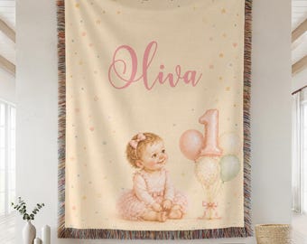 Personalized Woven Baby Blanket, First Birthday Blanket, Custom Kids Name Blanket, 1st Birthday Gift, Nursery Blanket, Baby Shower Gift