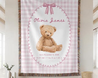 Personalized Birth Stats Woven Blanket, Teddy Bear Baby Blanket, Birth Statistics Gift, Baby Keepsake, Birth Date, Girl Birth Stats, New Mom