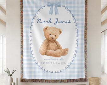 Personalized Birth Stats Woven Blanket, Teddy Bear Baby Blanket, Baby Statistics Keepsake, Birth Date Blanket, Boy Birth Stats, Gift New Mom