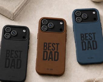 Personalized Best Dad iPhone Cases engraved, Custom Dad Leather engraved Case, Est Year Leather iPhone Cover, Dad Gift from Kids, Fathersday