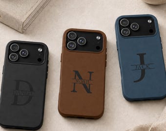 Personalized Leather iPhone Cases engraved, Custom Name engraved Case, Monogrammed Leather iPhone Cover, Initial Phone case with Leather