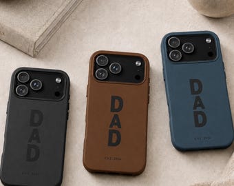 Personalized Dad iPhone Cases engraved, Custom Dad Leather engraved Case, Est Year Leather iPhone Cover, Dad Gift from Kids, Fathersday