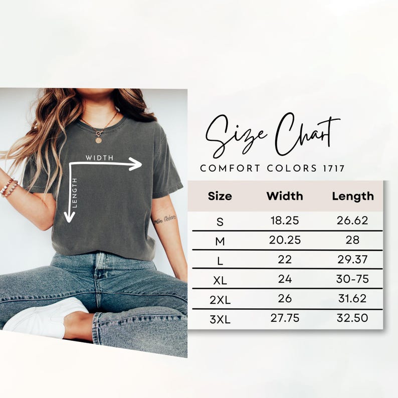 May include: A charcoal gray short-sleeve t-shirt with a size chart labeled Comfort Colors 1717. The chart lists sizes S through 3XL with width and length measurements in inches, ranging from 18.25 to 27.75 inches wide and 26.62 to 32.50 inches long.