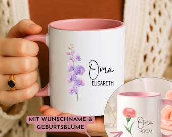 Oma Tasse mit Name, Personalisierte Keramiktasse, Geburtsblume personalisiert Kaffeetasse,Geburtsblumen Geschenk Becher,Geschenk Großmutter