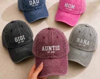 Personalized Vintage Cap, Custom Embroidered Name Text with Est Date, Dad Mama Cap, Family Gift, Hat Baseball Cap for Men, Washed Cap Women
