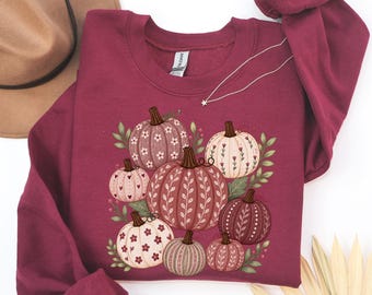 Boho Floral Pumpkin Sweatshirt, Cute Fall Pumpkin Pattern Sweater, Autumn Aesthetic Cottagecore, Harvest Season Pullover, Thanksgiving