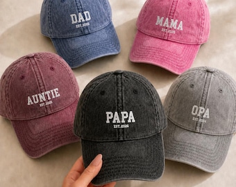 Personalized Vintage Cap, Custom Embroidered Name Text with Est Date, Dad Mama Cap, Family Gift, Hat Baseball Cap for Men, Washed Cap Women