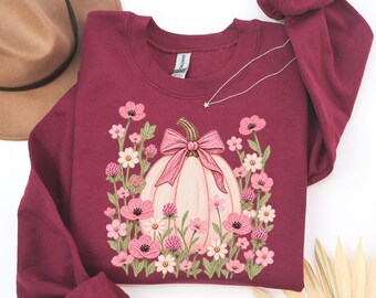Boho Floral Pumpkin Sweatshirt, Cute Fall Pumpkin Pattern Sweater, Autumn Aesthetic Cottagecore, Harvest Season Pullover, Thanksgiving