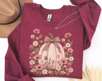 Boho Pumpkin Floral Sweatshirt, Cute Fall Pumpkin Pattern Sweater, Autumn Aesthetic Cottagecore, Harvest Season Pullover, Thanksgiving