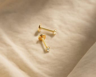 18G CZ Stud, Push Pin Labret, Cubic Zirconia Stud Earrings, Tragus Stud, Threadless Flat Back Earrings, Helix Stud, Nose Stud, Conch Stud