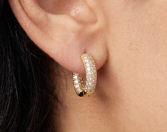 Clear Cubic Zirconia Earrings, Gold Hoop Earrings, Crystal Huggie Earrings, Pave CZ Hoop Earrings, Chunky Huggie Earrings