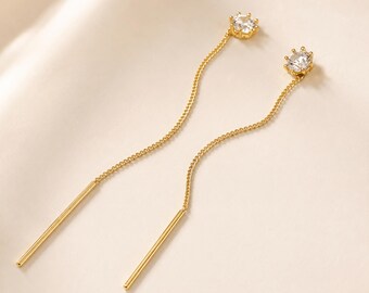 Gold Threader Earrings, Sterling Silver Drop Earrings, Crystal Drop Chain Earrings, Threader Stud Earrings