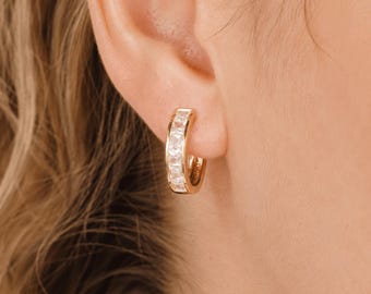 Gold Zircon Earrings, Stainless Steel Hoop Earrings, Crystal Huggie Earrings, Pave CZ Hoop Earrings, Dainty Huggie Earrings