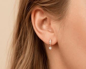 Sterling Silver Earrings, Diamond Drop Earrings, Huggie Hoop Earrings, Crystal Earrings, Tiny Huggie Hoops
